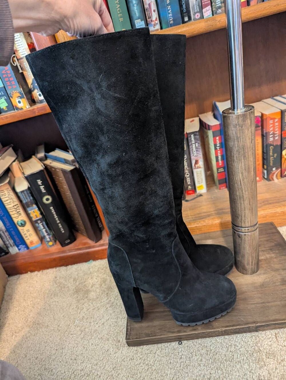 Paige Women’s Size 8 Black Suede Leather Block Heel Knee High Riding Boots
